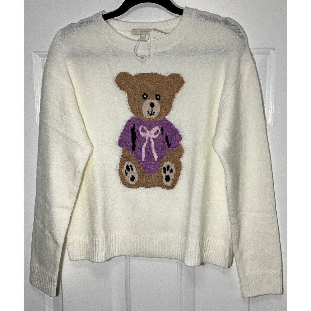 Simply Southern Cream/Ivory Teddy Bear Long Sleeve Sweater Women's Large